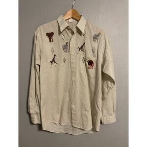Vintage Tia Designs Shirt Womens Medium Stripe Embroidered Safari Animals USA